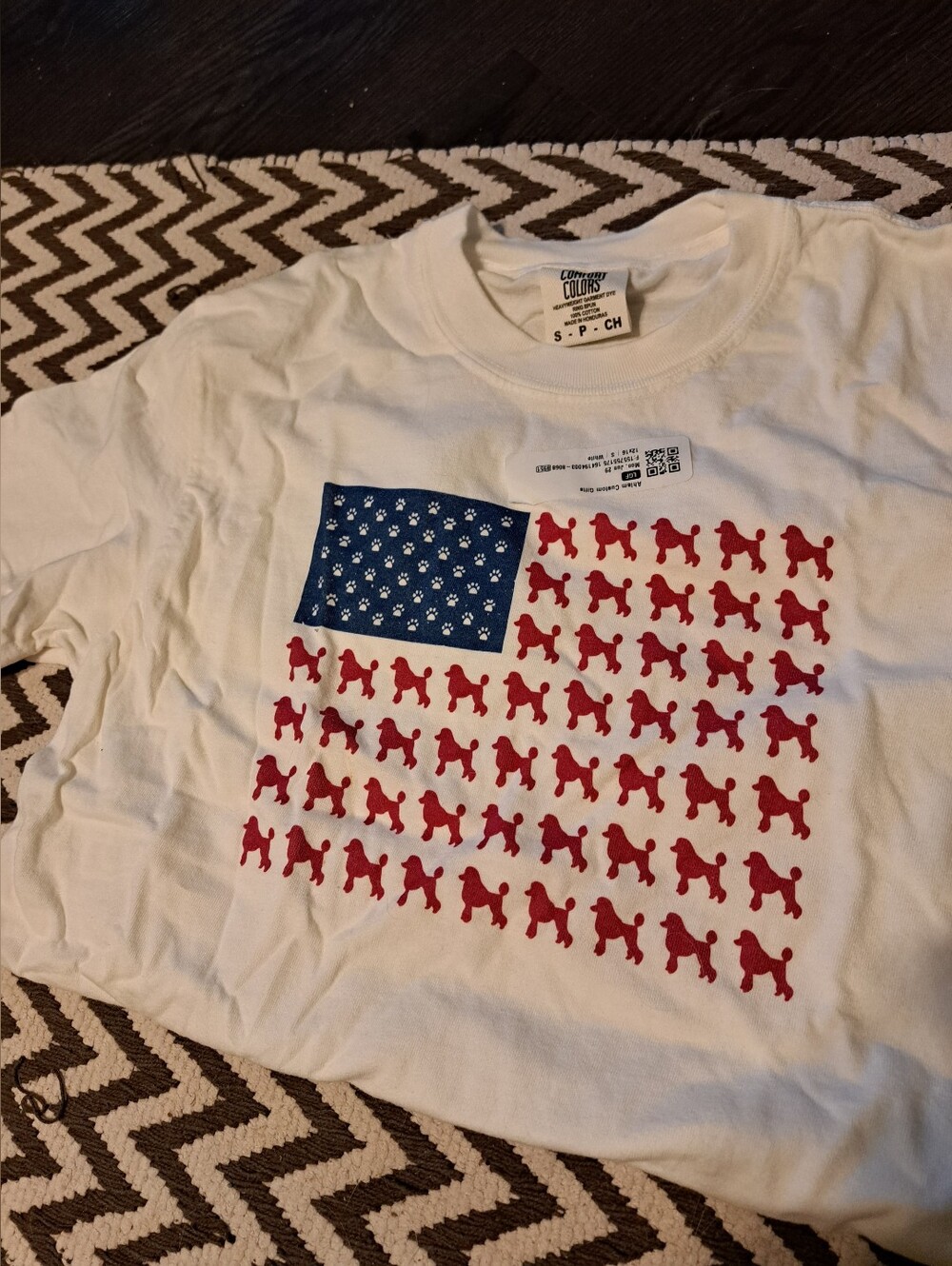 Cloudy Colors White Graphic Flag T‑Shirt with Red Pups Small